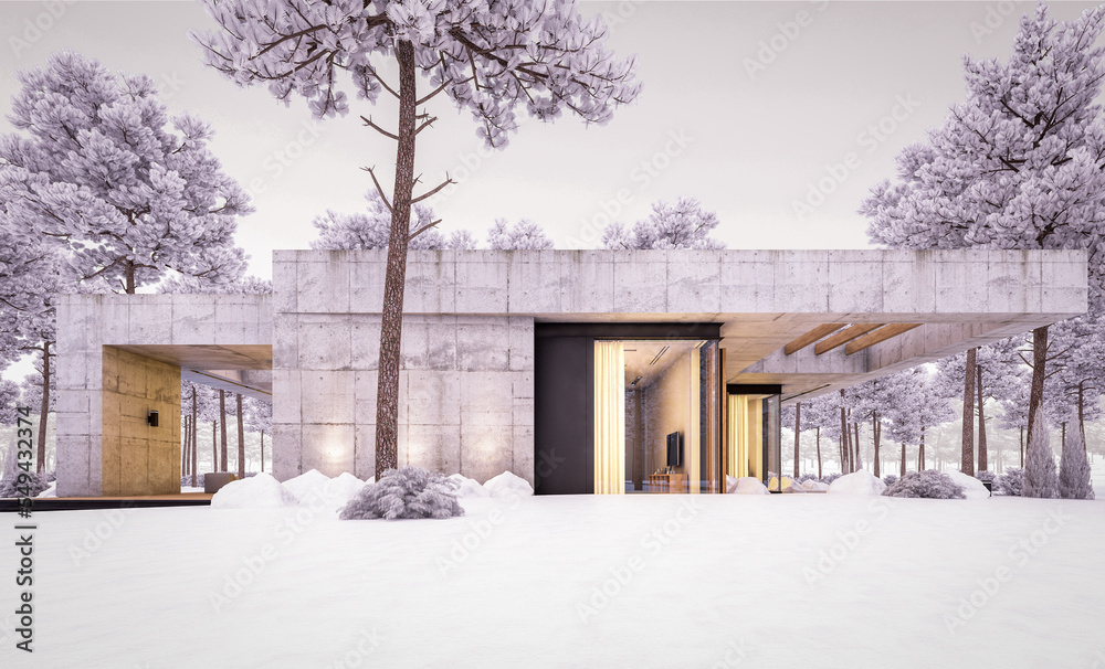3d rendering of new concrete house in modern style with pool and parking for sale or rent and beautiful landscaping on background. One floor house. Cool winter evening with cozy light from windows 3d rendering of new concrete house in modern style with pool and parking for sale or rent and beautiful landscaping on background. One floor house. Cool winter evening with cozy light from windows