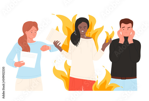 Employees late on deadline, working hard under stress vector illustration. Cartoon office workers standing together, burnout of angry businesswoman with fire behind head and business problems