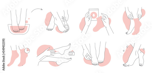Foot care set of line icons vector illustration. Hand drawn outline female feet in bath with water, spa treatment in beauty salon and massage with cream, pedicure, moisturizing and peeling socks