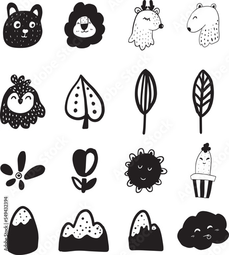 Set of hand drawn forest elements isolated on white background. Black ink line art. Doodle Elements.