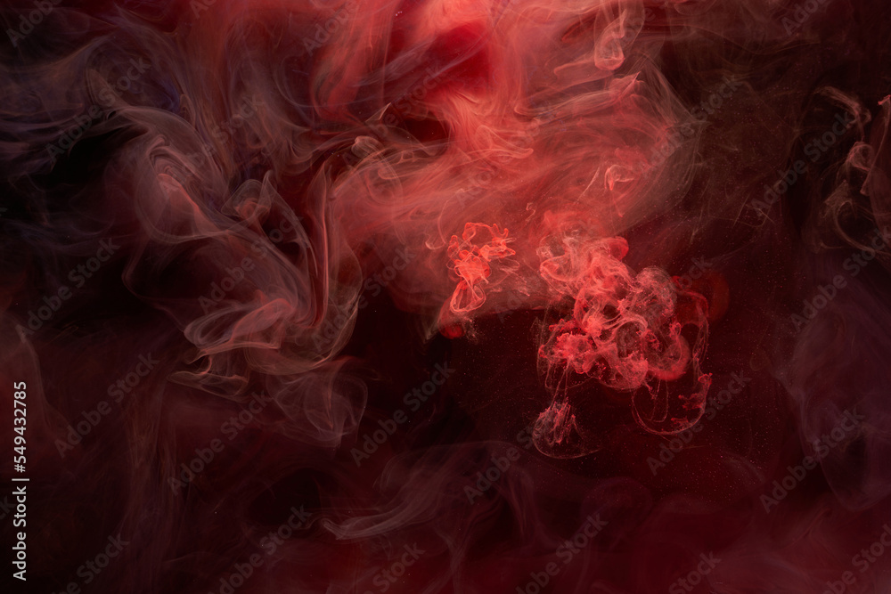 Obraz premium Red ink abstract background. Acrylic paint backdrop for perfume, hookah, cosmetics. Mysterious smoke clouds, colorful fog