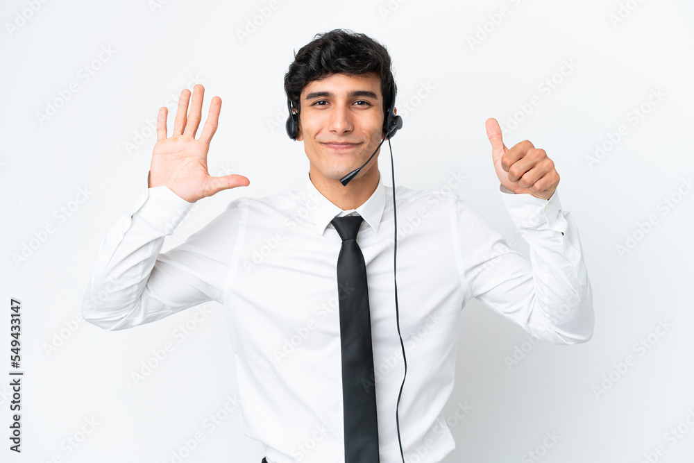 Telemarketer man working with a headset isolated on white background counting six with fingers Telemarketer man working with a headset isolated on white background counting six with fingers