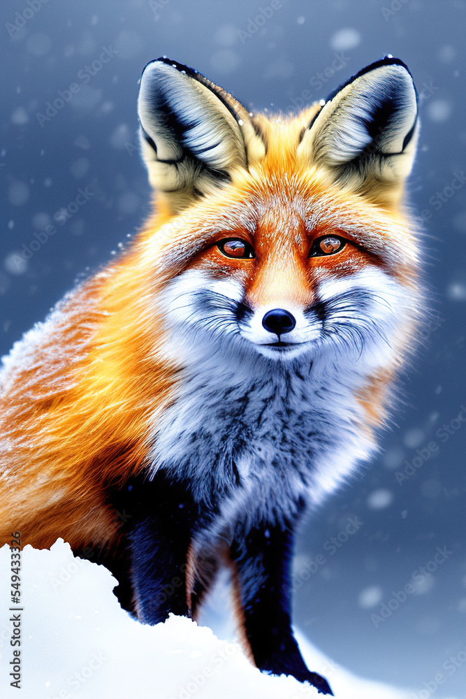 Fototapeta premium Red-haired cute fairy fox with sweet eyes hides in snowdrifts while playing with falling snow, illustration