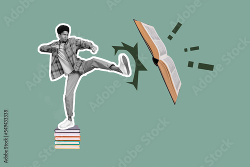 Collage photo banner of young excited childish guy student hate knowledge stupid person hit fight against books isolated on painted background