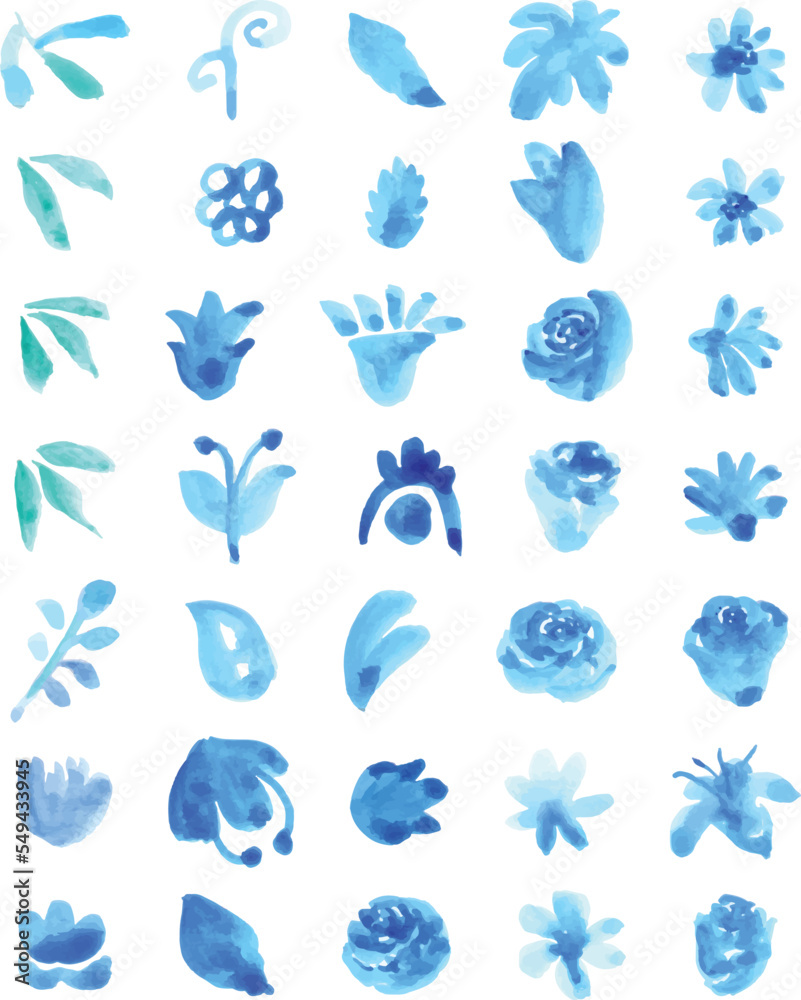 Set of Blue watercolor floral elements isolated on white background. Loose watercolor technique.