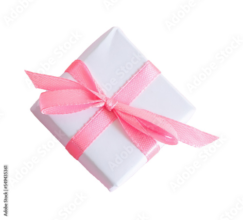 Small white gift box with pink bow, isolated on blank background. Top View.
