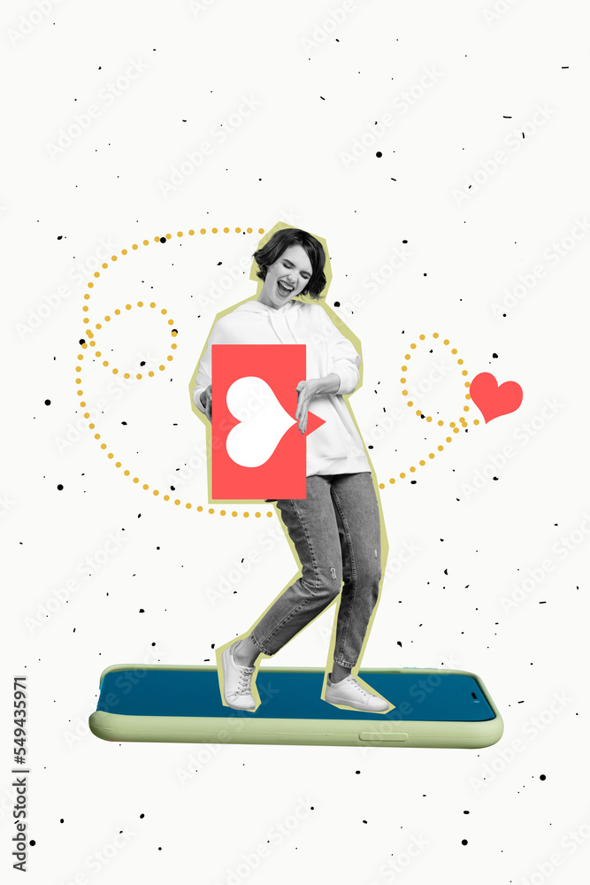 Vertical collage image of mini excited girl black white effect stand big telephone screen hold like notification twitter instagram tiktok - obrazy, fototapety, plakaty 