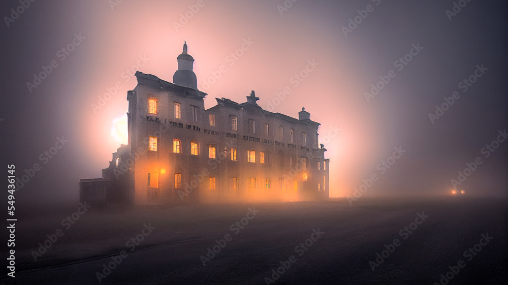 The abandoned and ruins old building in the night is shrouded in a mysterious and gloomy atmosphere. It could be either a hotel or an old administration building. The abandoned and ruins old building in the night is shrouded in a mysterious and gloomy atmosphere. It could be either a hotel or an old administration building.