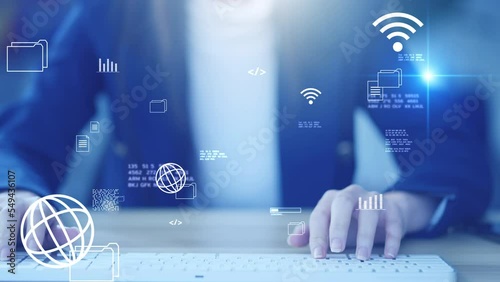 Business woman computer engineer using laptop typing coding, data science, wireless communication online safety, VPN virtual private network internet cyber security cyber crime protection