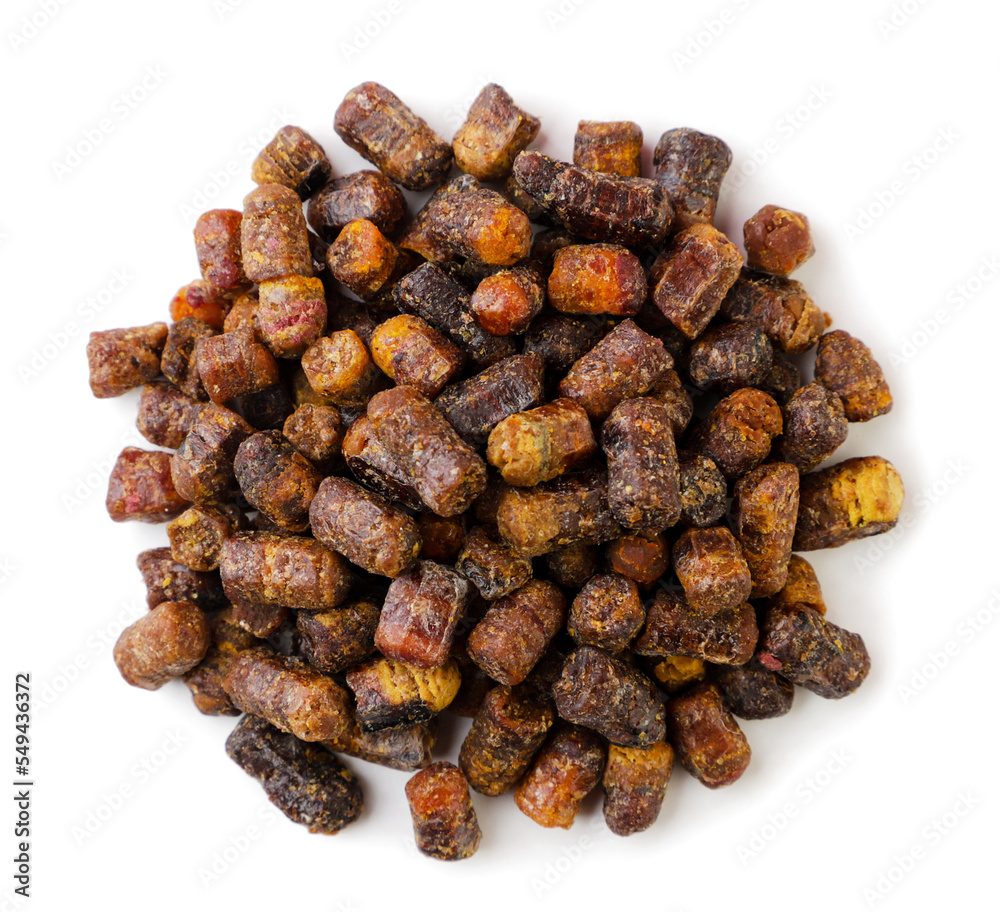 Obraz premium Heap of bee perga, bee pollen on a white. Top view
