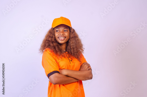 pretty excited woman happy smile, young attractive girl portrait stand folded hands wear shirt, looking at camera toothy smiling isolated over white background