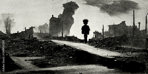 A silhouette of an orphaned child can be seen wandering the streets of his city after a massive bombing and war. The little victim is looking for his family. photo