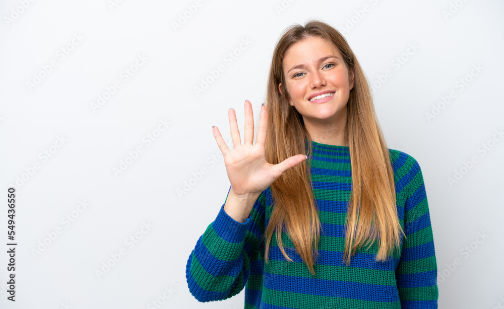 Young caucasian woman isolated on white background counting five with fingers Young caucasian woman isolated on white background counting five with fingers