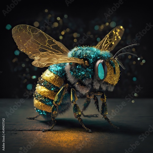 Bumble bee on dark background, luminescent green and blue colors with golden polen