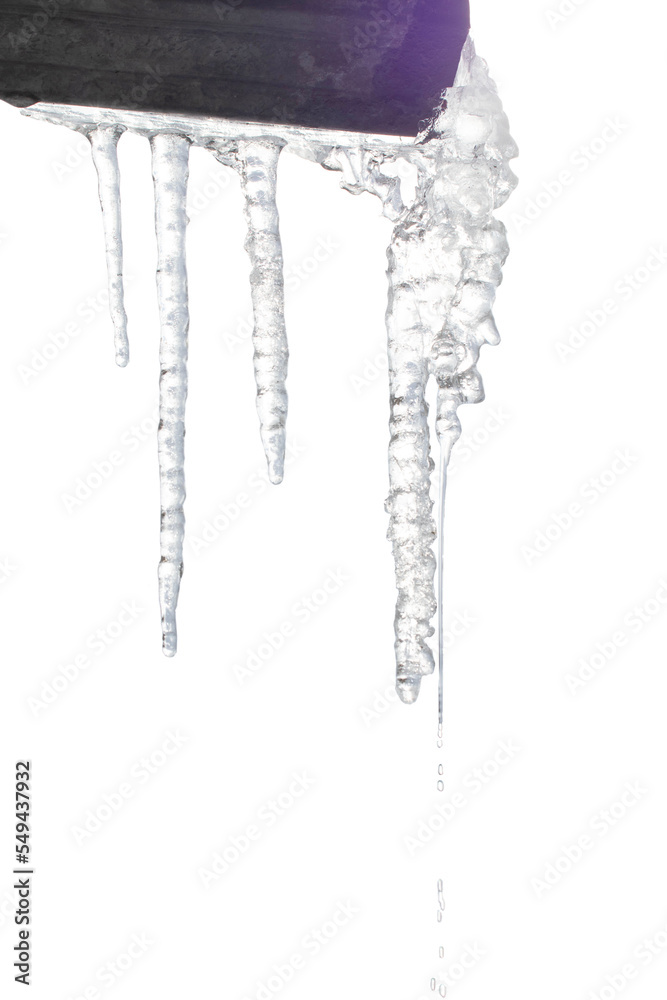 An icicle highlighted on a transparent background. Melting icicle with falling drops of water. PNG
