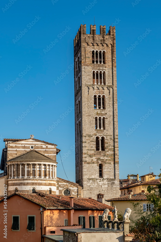 The ancient Basilica of San Frediano, Lucca, Italy, seen from the perimeter walls of the historic centre
