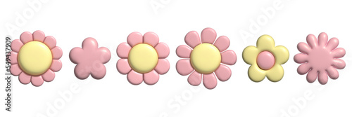 3D pastel flower set. Y2k daisy stickers in trendy plastic style. Vector illustration with plasticine effect isolated on withe background. 3D render.