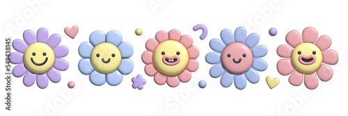 3D pastel flower set. Y2k cute smile daisy stickers in trendy plastic style. Vector illustration with plasticine effect isolated on withe background. 3D render.