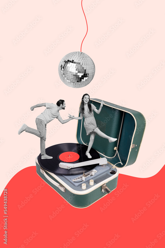 Fototapeta premium Creative abstract collage template graphics image of happy smiling lady guy having fun vintage style party isolated drawing background