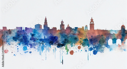 There is a skyline of urban architecture in watercolor in North Africa     including a mosque and minaret in Morocco and Tunisia. The colors are creative and vibrant.
