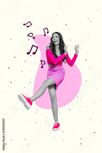 Vertical collage image of excited cheerful girl black white gamma wear pink clothes dancing partying isolated on creative background