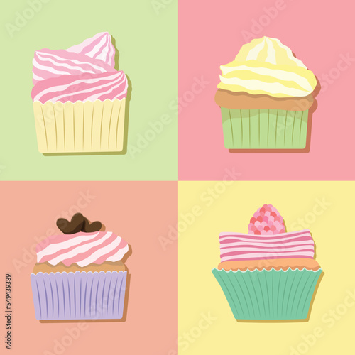 Vector illustration of cute cupcake collection on pastel background