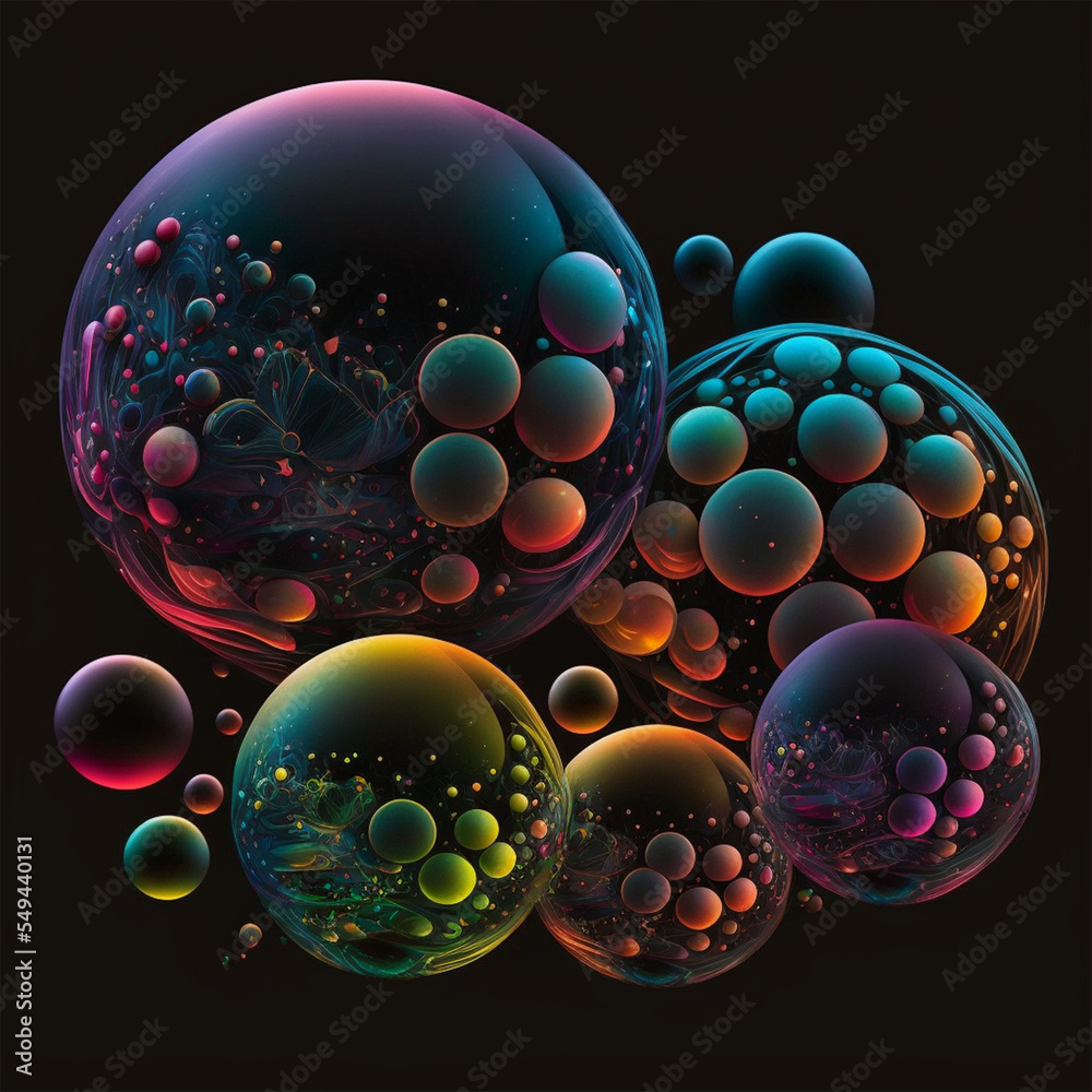 Colorful, iridescent soap bubbles on a black background.