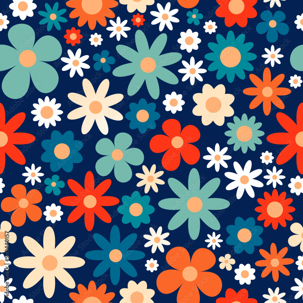 Seamless pattern with funky daisy in groovy 70s style. Vector vintage background. Seamless pattern with funky daisy in groovy 70s style. Vector vintage background.