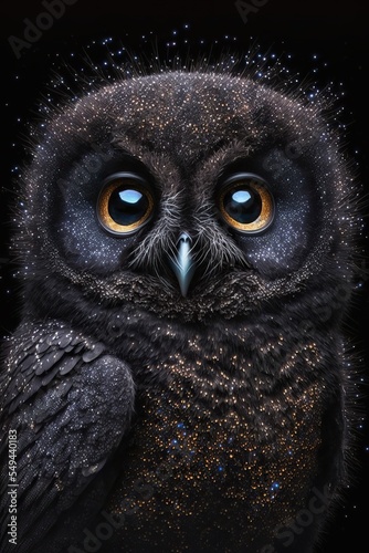 Black owl with big eyes and with shiny sparkles on feathers 