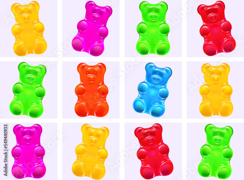 cute colored cartoon gummy bears.  bright jelly candies set of rainbow colors. greeting card. isolated vector illustration.