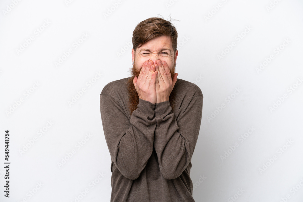 Redhead man with beard isolated on white background happy and smiling covering mouth with hands Redhead man with beard isolated on white background happy and smiling covering mouth with hands