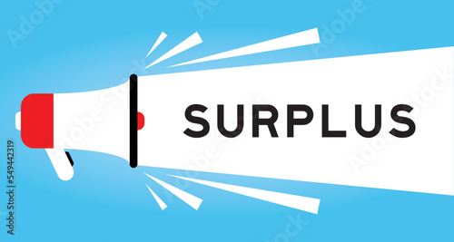 Color megaphone icon with word surplus in white banner on blue background