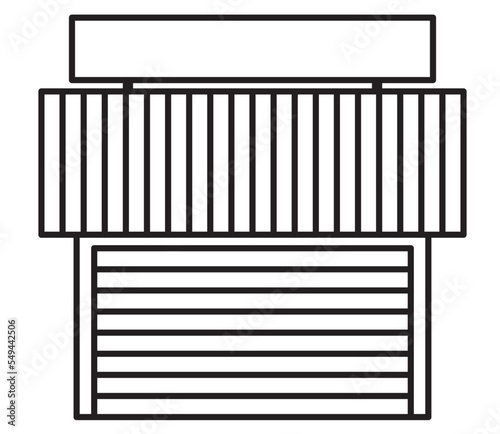 Graphic icon facade of business premises or one-story shops. Vector illustrations of commercial buildings on city street. 2D black and white drawing.