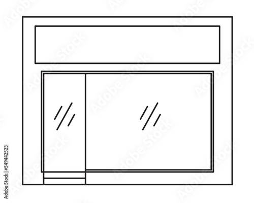 Graphic icon facade of business premises or one-story shops. Vector illustrations of commercial buildings on city street. 2D black and white drawing.