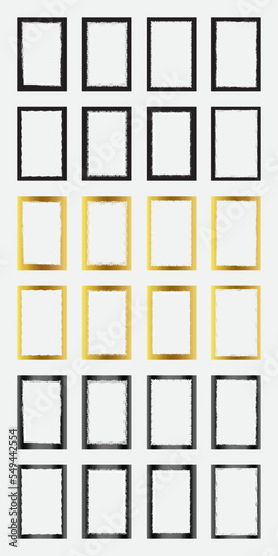 Set of grunge rectangle border frames with black gold and metallic color