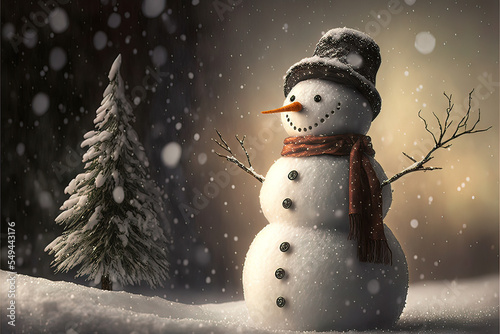 Snowman on the snowy ground wearing a hat and a knitted scarf with a gorgeous and classy bokeh background.