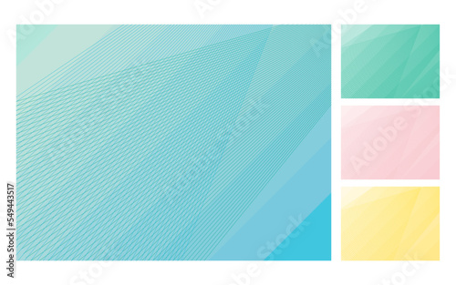 透明感のある抽象的な背景イラストセット。直線的な斜めのオブジェクトが重なる背景の上に幾重もの斜線が折り重なっている。春夏秋冬の配色イメージ。