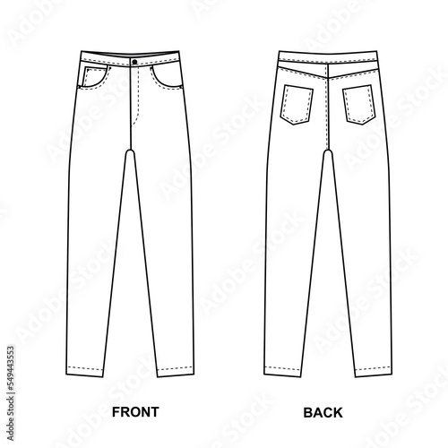 illustration of jeans. Skinny jeans vector template. Technical drawing of skinny jeans with five pockets. Fashion trousers sketch.