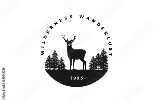 Vintage Retro Deer Antler with Pine Cedar Evergreen Conifer Cypress Larch Fir Trees Forest for Wanderlust Wilderness Outdoor Adventure Logo