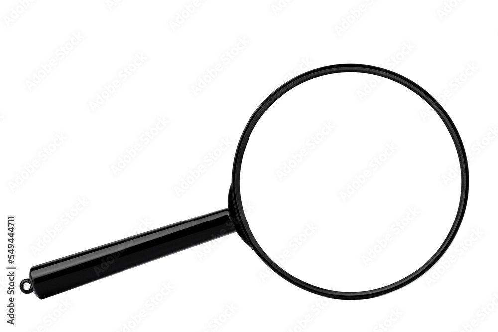 round magnifier in a black frame with a handle, isolated round magnifier in a black frame with a handle, isolated