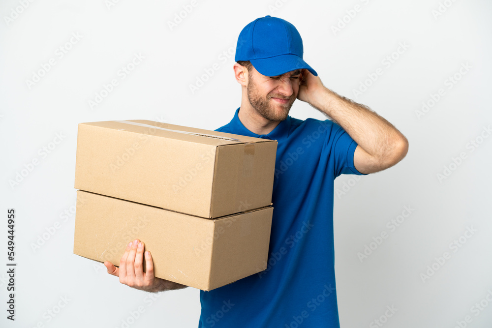 Delivery man over isolated white background frustrated and covering ears Delivery man over isolated white background frustrated and covering ears