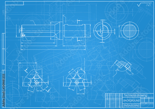 Mechanical engineering drawings on blue background. Tap tools, borer. Technical Design. Cover. Blueprint. Vector illustration.