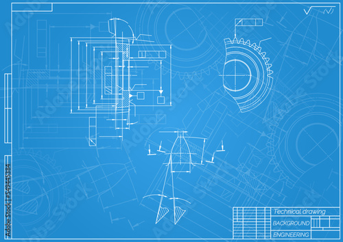 Mechanical engineering drawings on blue background. Gear cutting tool. Technical Design. Cover. Blueprint. Vector illustration.
