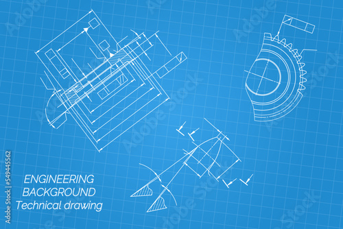 Mechanical engineering drawings on blue background. Gear cutting tool. Technical Design. Cover. Blueprint. Vector illustration.