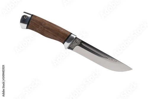 handmade stainless steel hunting knife with wooden handle, insulated on white background