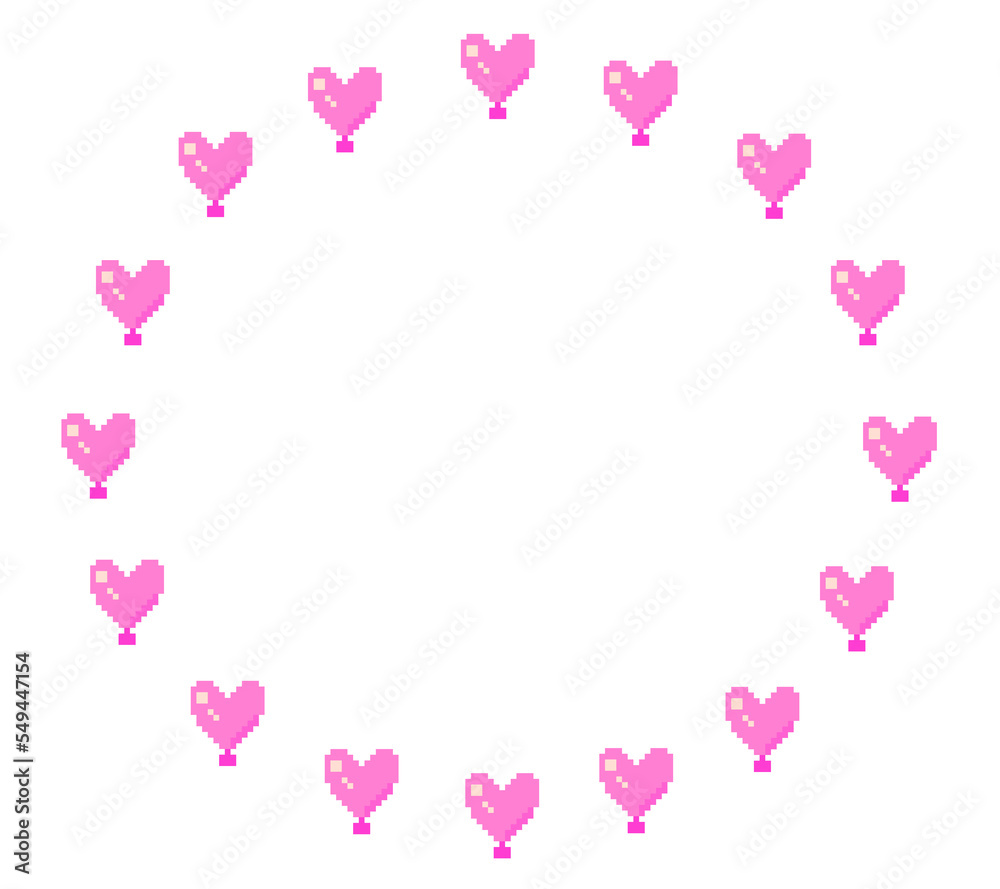 Pixel art pink heart balloon round frame