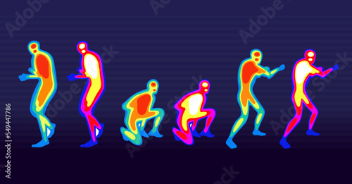 Set of soldier body thermogram man  vector flat illustration. Collection of two infrared thermography isolated on night. Temperature torso area of bright spectrum human photo