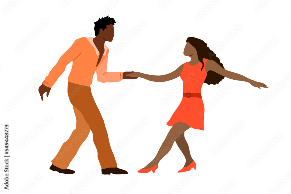 Pair dancing, classical, professional, modern and Latin American dances, rumba, salsa, samba. Man and woman dancing together, passionate tango. Vector illustration