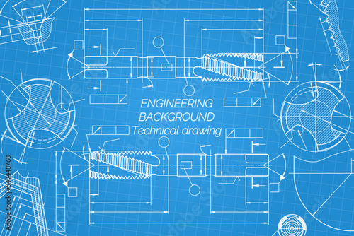 Mechanical engineering drawings on blue background. Tap tools, borer. Technical Design. Cover. Blueprint. Vector illustration.