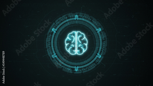 Blue digital brain logo with rotation HUD circle technology interface and futuristic elements abstract background